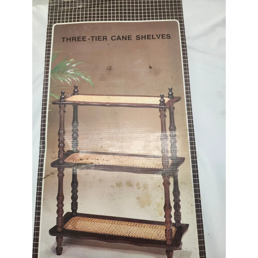 Vintage 3 Tier Cane Shelf New Old Stock W30168 Woven Wood Spindle Display Rack